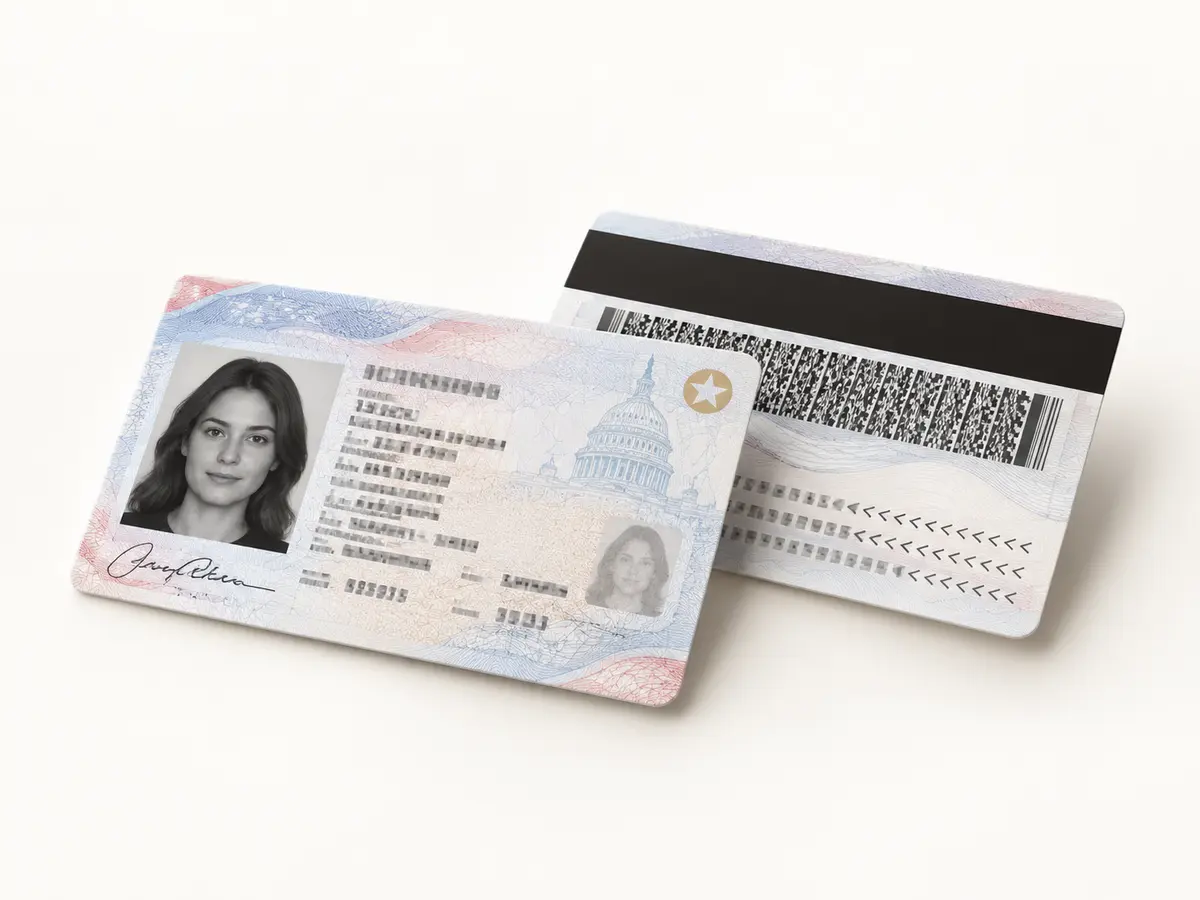 Fictional identity card shown from the front and back