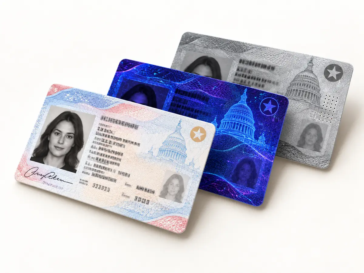 Fictional identity card viewed under visible, ultraviolet and infrared light