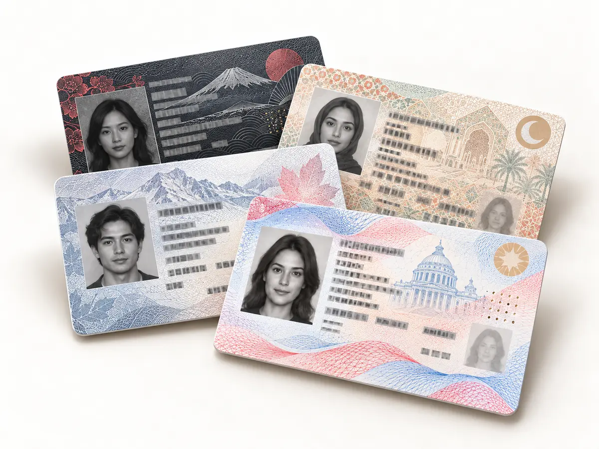 Several fictional identity document layouts arranged together