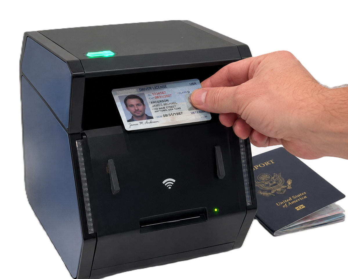 IDSnap GC2500e scanner, with a driver's licence being placed into it and a passport lying beside it.